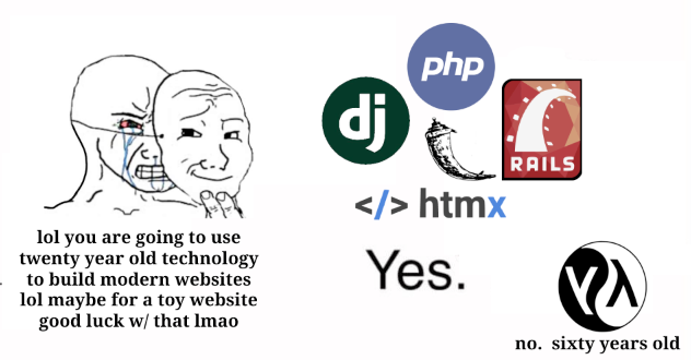 "lol you are going to use twenty year old technology" — django, php, flask, rails: "Yes." lisp: "no, sixty years old."