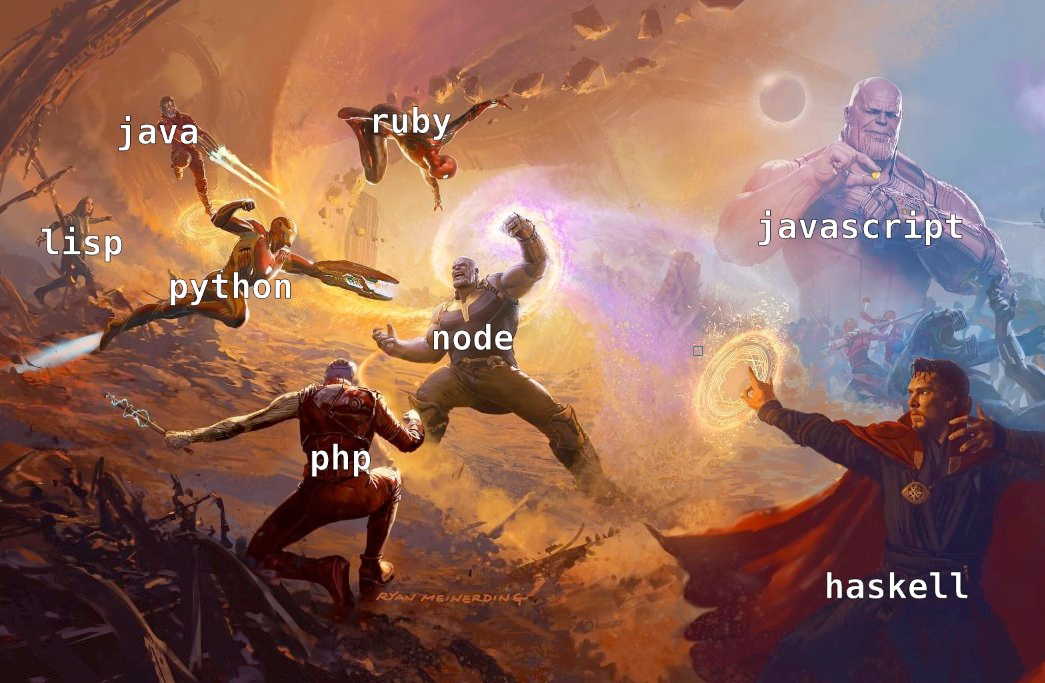 JavaScript/Node as Thanos vs Java, Ruby, Lisp, Python, PHP fighting back